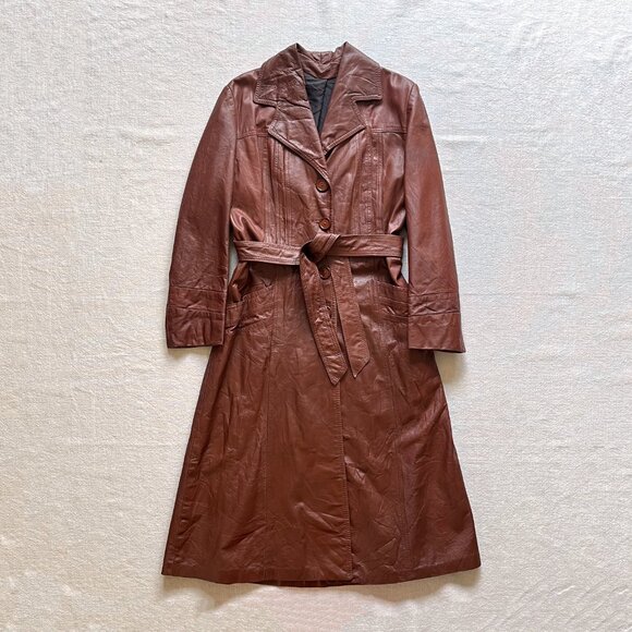 Vintage 70s Women's Leather Fit and Flare Chestnut Brown Long Trench Coat Medium - Picture 3 of 7